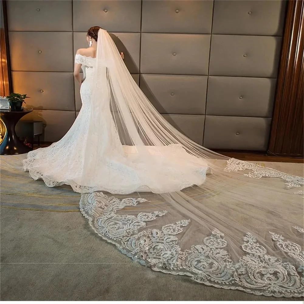 Schleier Braut,Brautschleier Einlagiger Hochzeitsschleier mit Kamm, weißer Spitzenrand, Brautschleier, applizierte Kathedralen, Hochzeitsschleier(300cm)