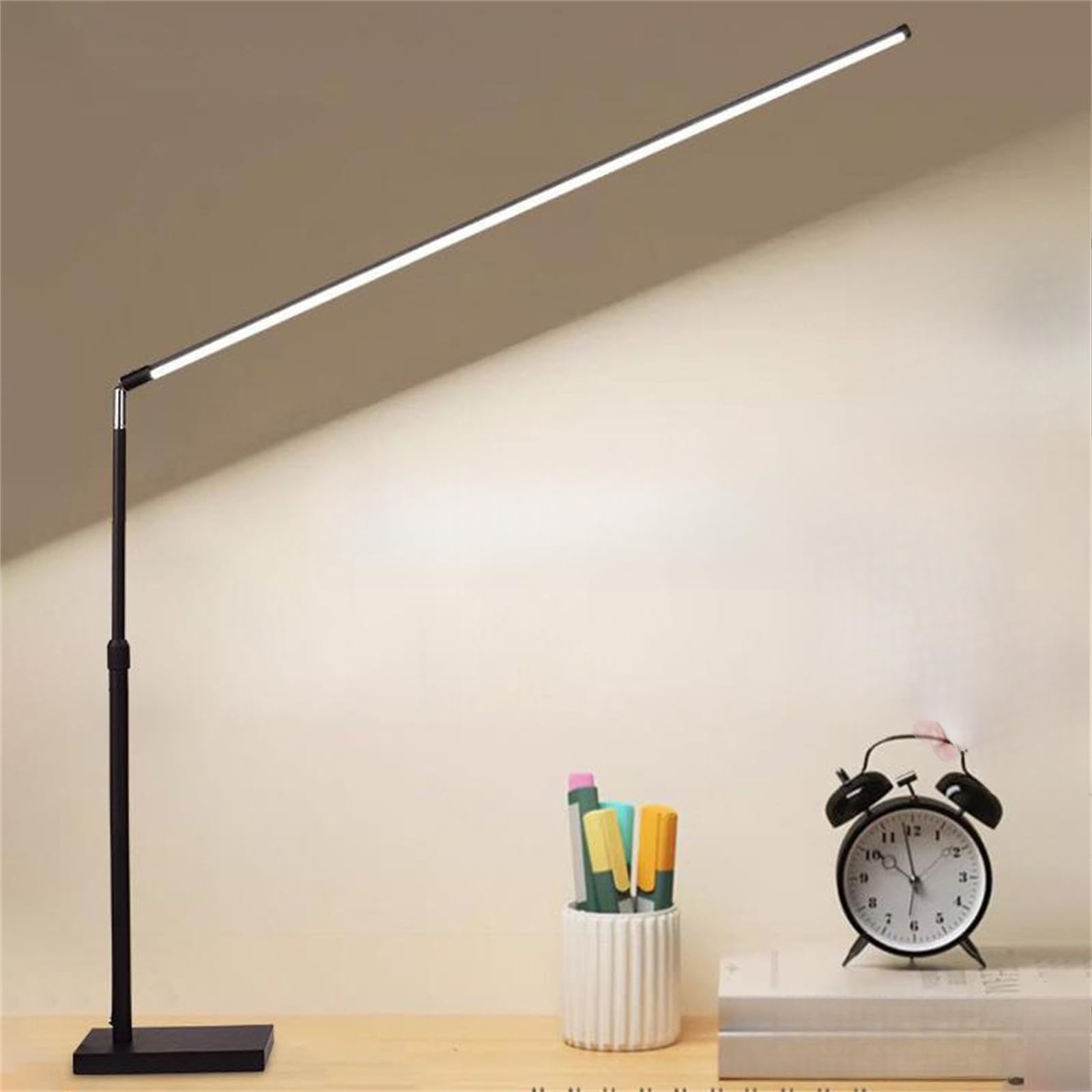 LED Schreibtischlampe Dimmbar mit Fernbedienung Tischlampe Einziehbar Metall mit Stecker & Kabel Schalter Leselampe Moderne 350° Drehbar Langarm Stufenlos Dimmbar Tischbeleuchtung für Büro (Schwarz)