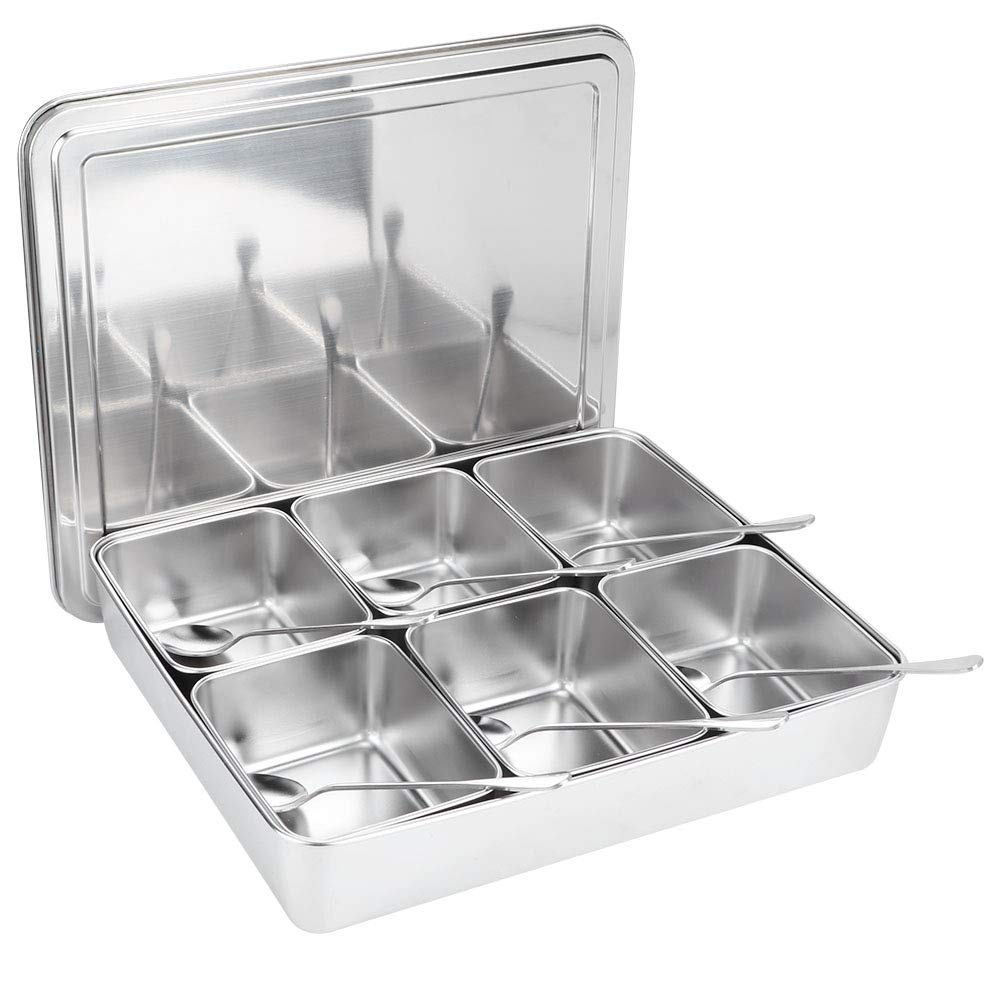 Juego De Contenedores De Condimentos Frascos De Condimentos Caja De Condimentos De Acero Inoxidable De 6 Rejillas Especias Organizadores De Almacenamiento De Azúcar Y Sal Con Cucharas