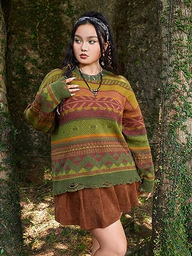 Image of Verdusa Women's Plus Size Graphic Print Drop Shoulder Distressed Sweater Pullover Top Green Brown 3XL