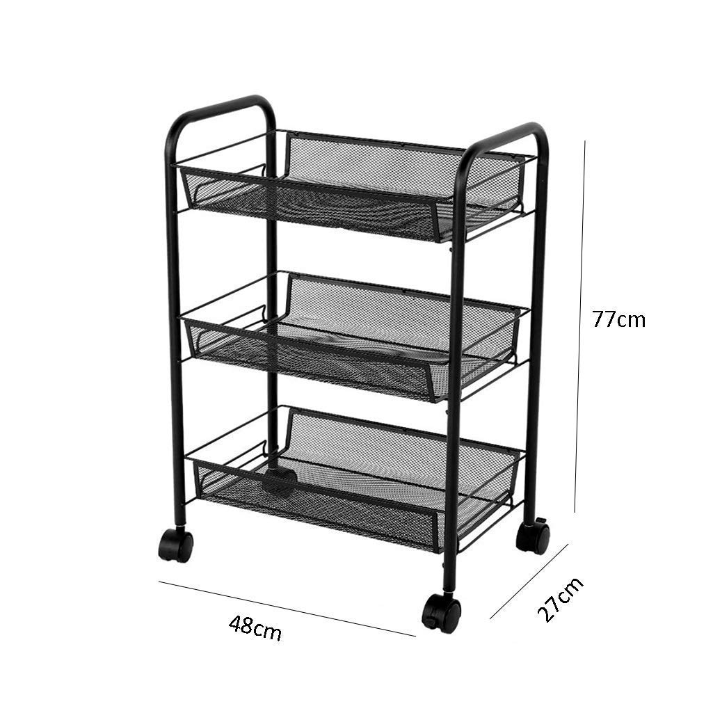 Carrello a 3 Ripiani in Rete con Ruote, in Metallo, Ideale per Cucina, Salone di Parrucchiere, Soggiorno e Bagno, Colore Nero.
