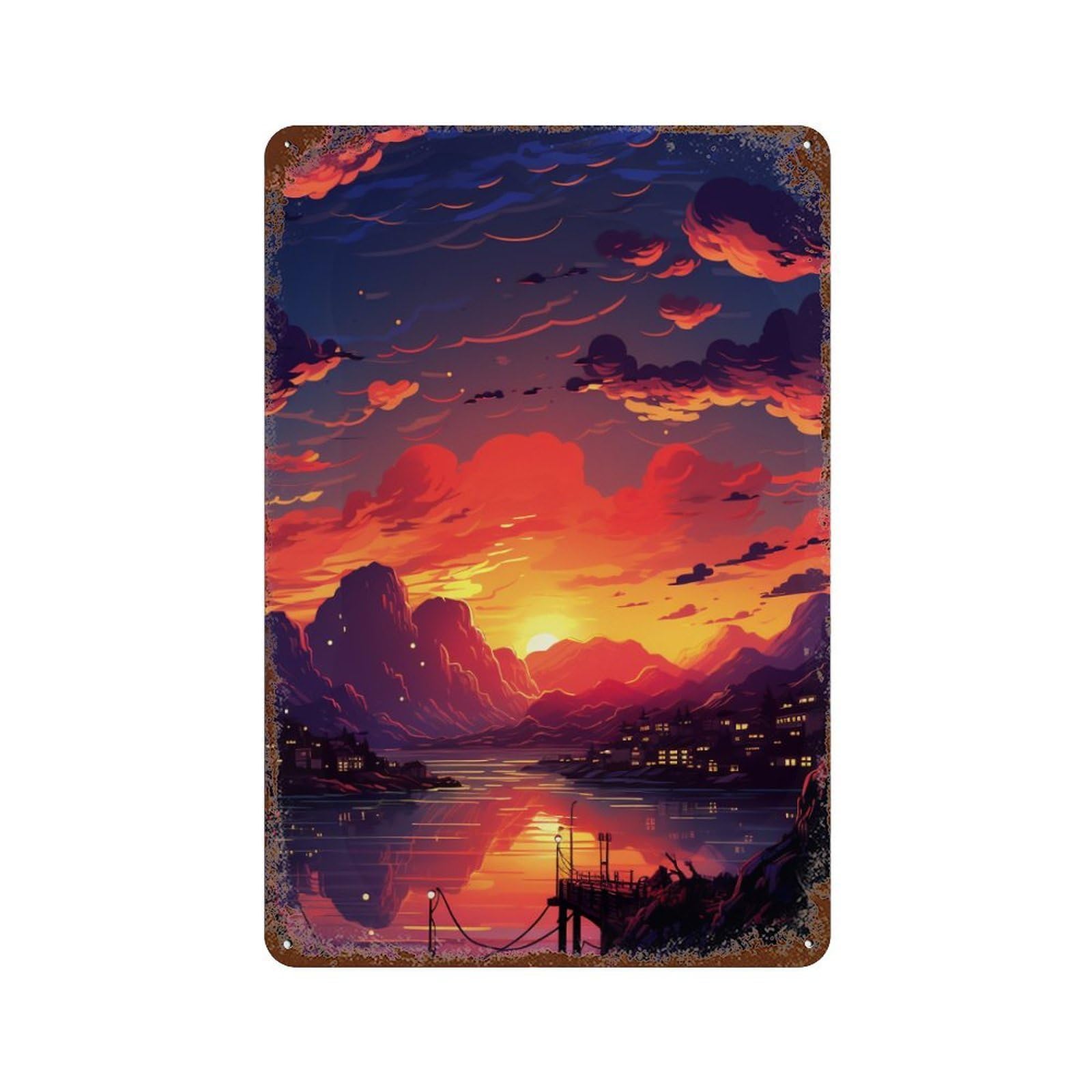 Sunset Serenity Landscape -2 Rust Effect Tin Sign 11.8"x7.9", Industrial Home Decor for Basement, Hobby Room And Garage Decor