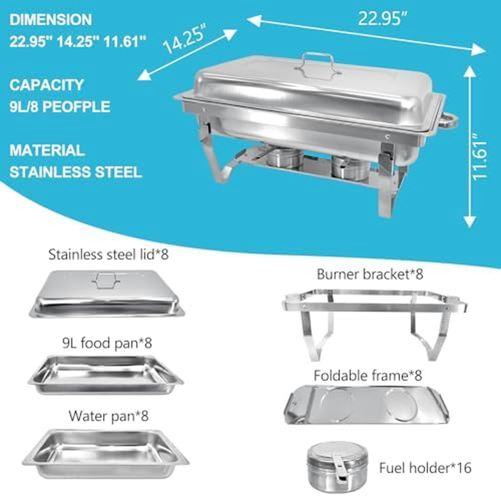 Warmhaltebehälter Mit Behältern, Brennpaste, 9-Liter-Set, Rechteckiger Edelstahl-Buffetwärmer, 8Er-Pack, Für Buffets, Caterings, Partys, Warmhalteplatte
