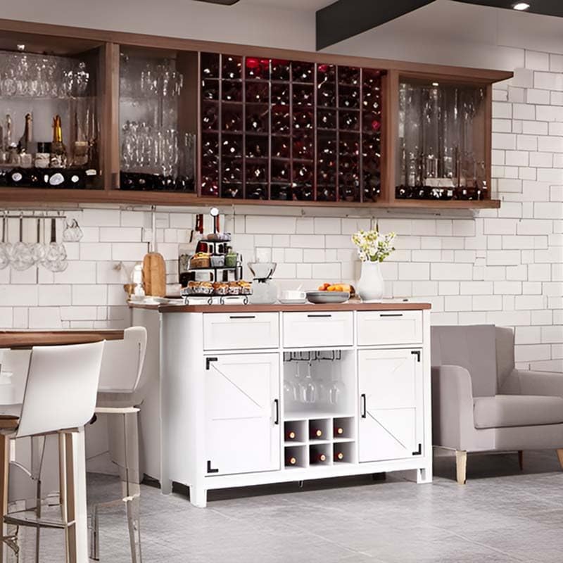 Miniatura 3 de Armario tipo bufé de granja, 48 pulgadas con 3 cajones, 2 puertas de granero, estante para vino y vidrio, estantes de almacenamiento, armario de bar