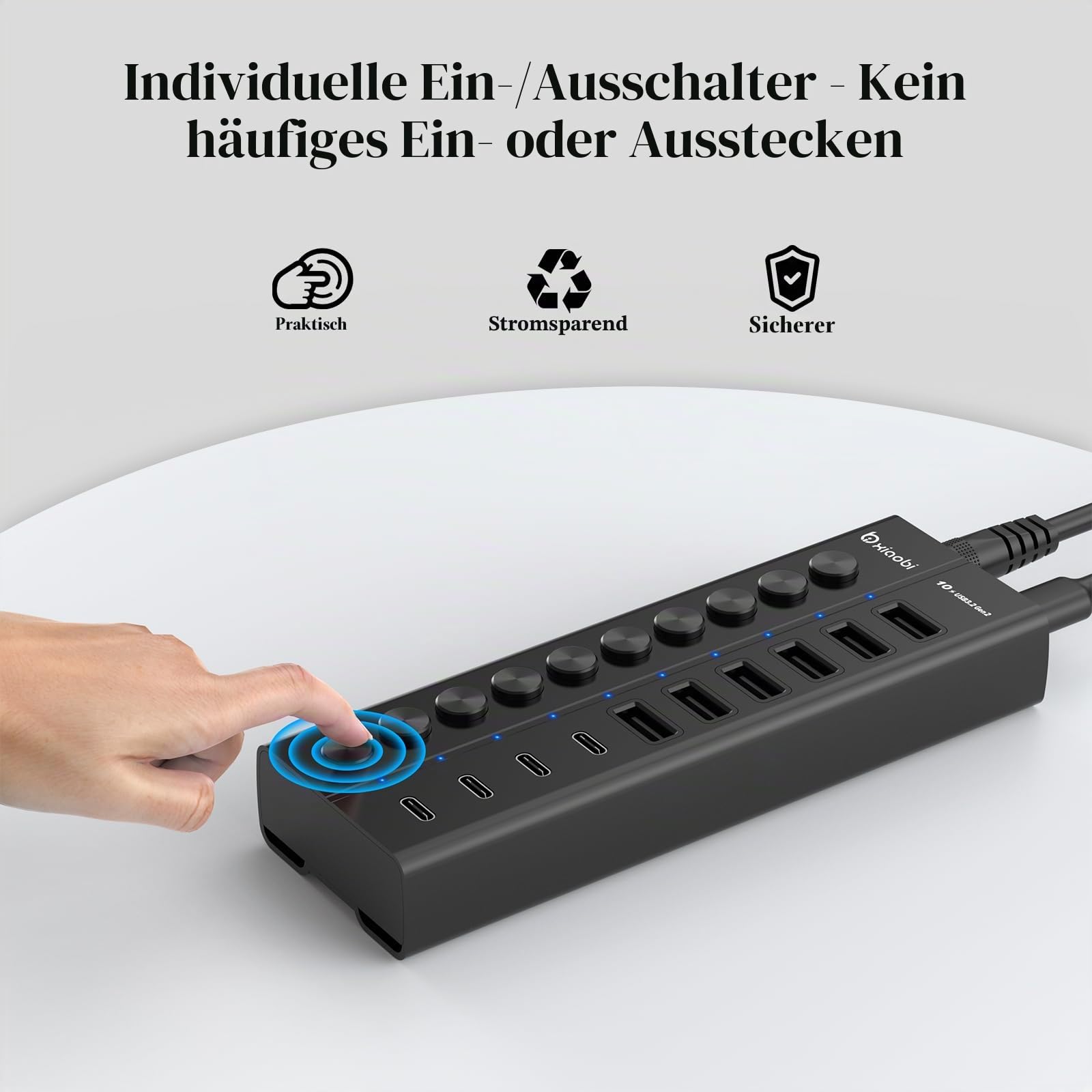 10 Port USB Hub mit Netzteil 60W - 10Gbps USB 3.2 Gen 2 Hub Aktiv aus Aluminium mit 6 USB-A & 4 USB-C Ports Individuelle EIN/Aus Schalter BC1.2 Schnelladung für MacBook, PC, Laptop schwarz