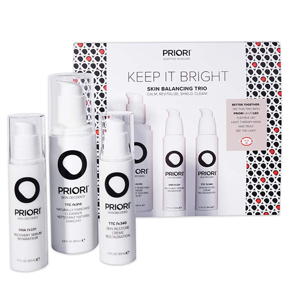 Priori Skincare Keep it Bright Trio, Professional Skin Balancing Set, Natural Face Cleanser, DNA Recovery Serum, Skin Restore Cream, Beauty Gifts, LED Therapy Product kit for Optimum Results