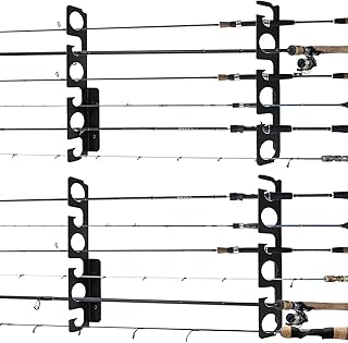 Iswabard Fishing Rod Holders for Garage Fishing Pole Holders, 2 Pack, Metal, Holds 12 Rods Fishing Rod Holders Wall Ceiling Rod Rack Wall Mounted Storage Rack, Black, Fishing Pole Holders for Garage