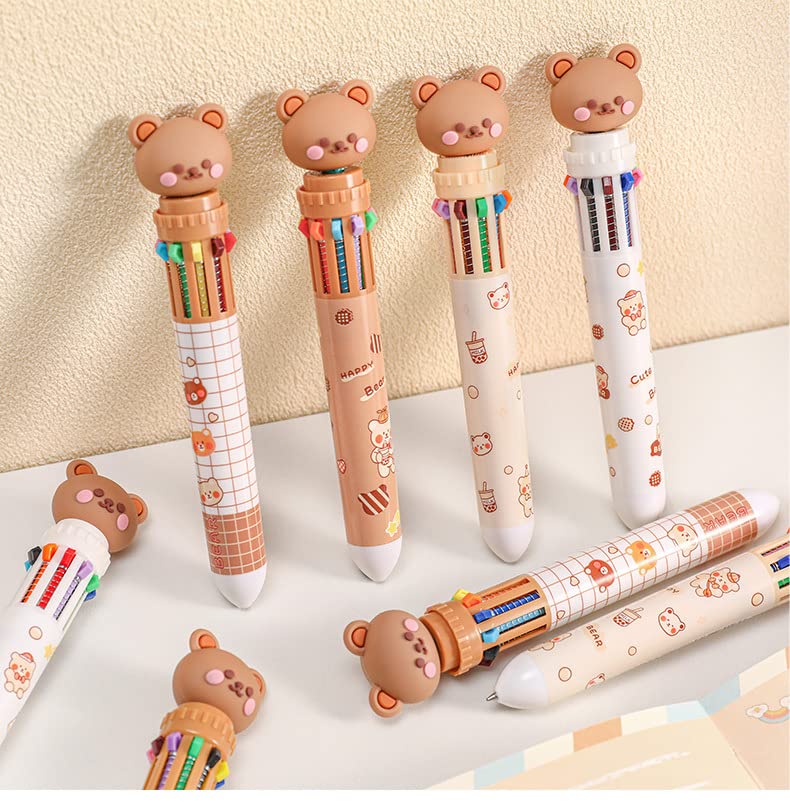 FASHION YO Multicolor teddy bear Pens 0.5mm 10-in-1 Retractable Ballpoint Pens 10 Colors Transparent Barrel Ballpoint Pen for Office Supplies and kids school (Brown Bear) - Image 2