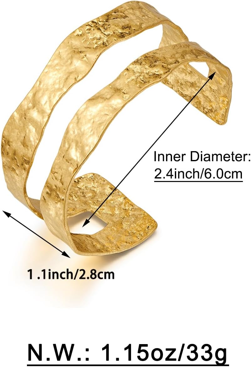 WOWORAMA Hammered Chunky Cuff Bracelets for Women Vintage Boho Wide Bangle Bracelets Irregular Statement Bracelet Thick Arm Cuff Gold Silver Bracelet - Image 6