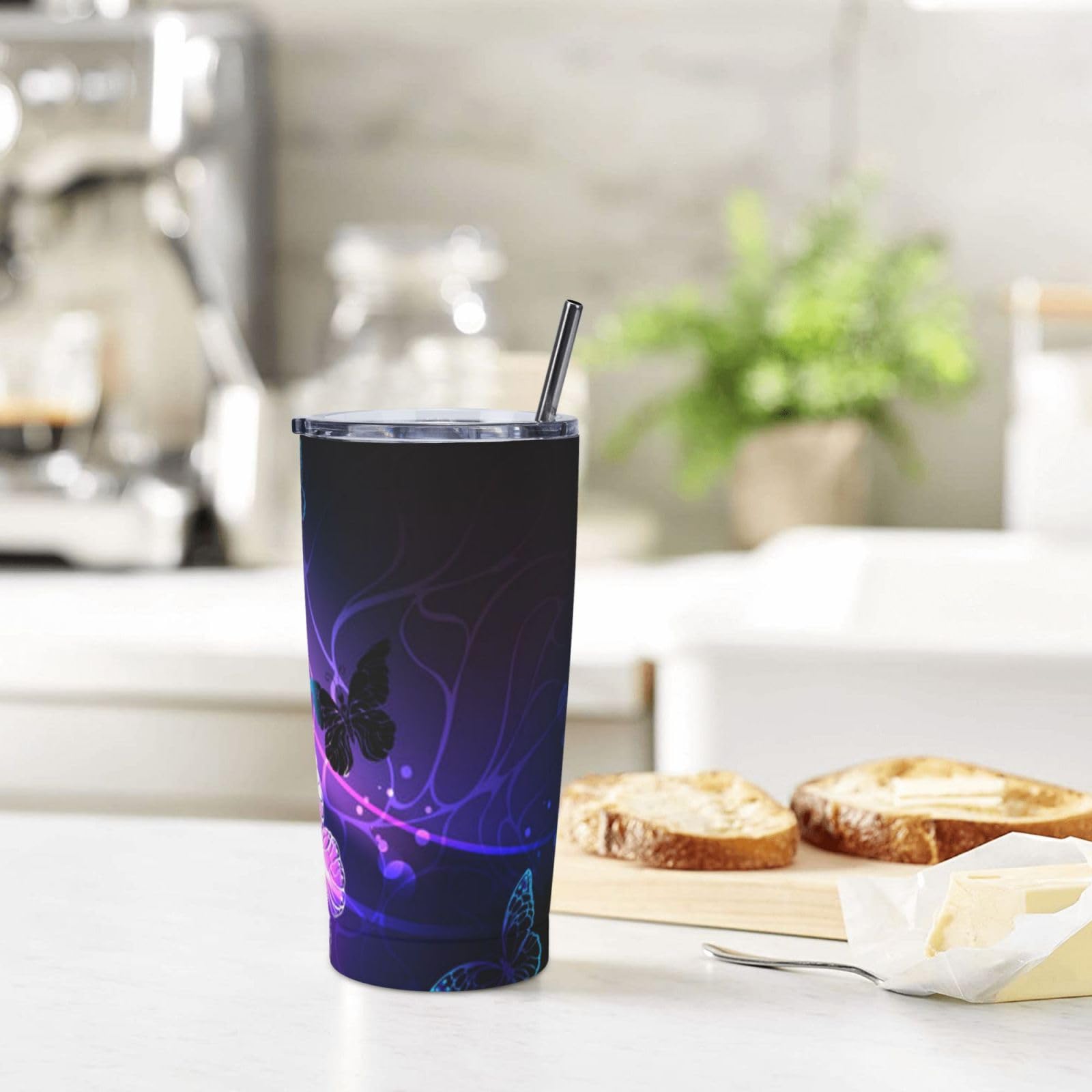 Tazza termica portatile con farfalle bianche e viola stampate in acciaio inossidabile