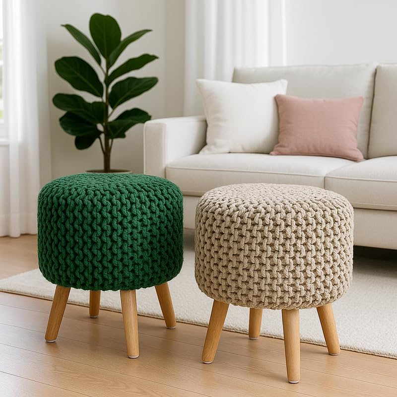 Image of Ottoman Foot Rest Puffy, Cotton Dori Ottoman for Home Decor, Solid Wood Legs Dressing Stool, Footstool Puffy for Living Room & Office Room | 16x17 Inch, Set of 2, Dori Green-Beige