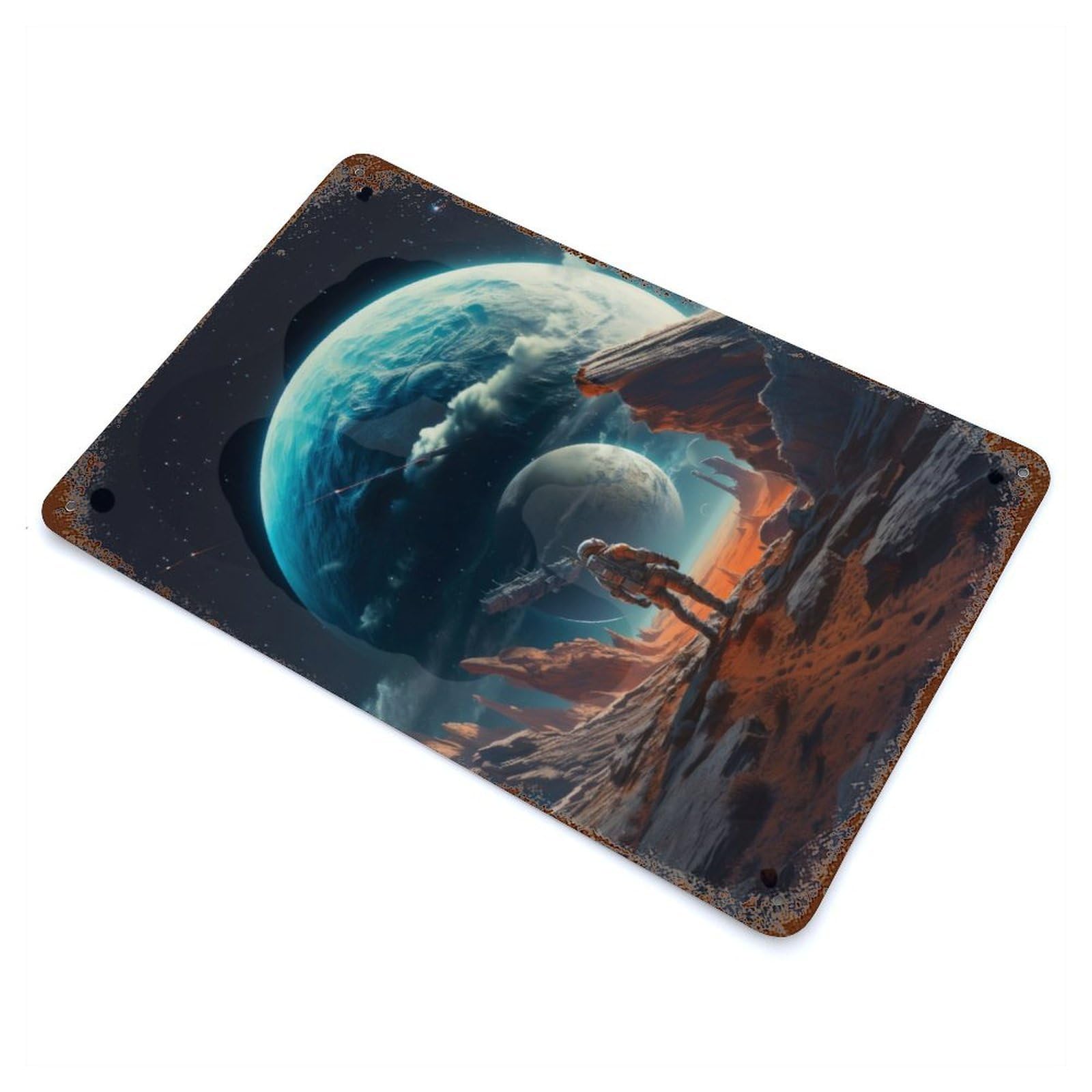 Distressed Metal Wall Sign Futuristic Space Explorer 11.8"x7.9", Old School Wall Decor for Bistro, Counter And Cafe Decor