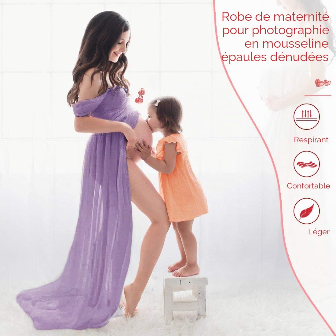 FEOYA-Robe de Maternite Hors Epaule Femmes Photographie Sexy Robe Enceinte en Mousseline de Soie pour Seance Photo Fendue Devant Ete Jupes Respirantes Maxi Longue Robe Longue,M,Violet Clair