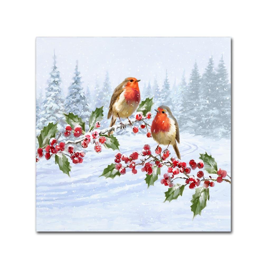 Robin Pair on Holly Branch by The Macneil Studio, 18x18-Inch Canvas Wall Art