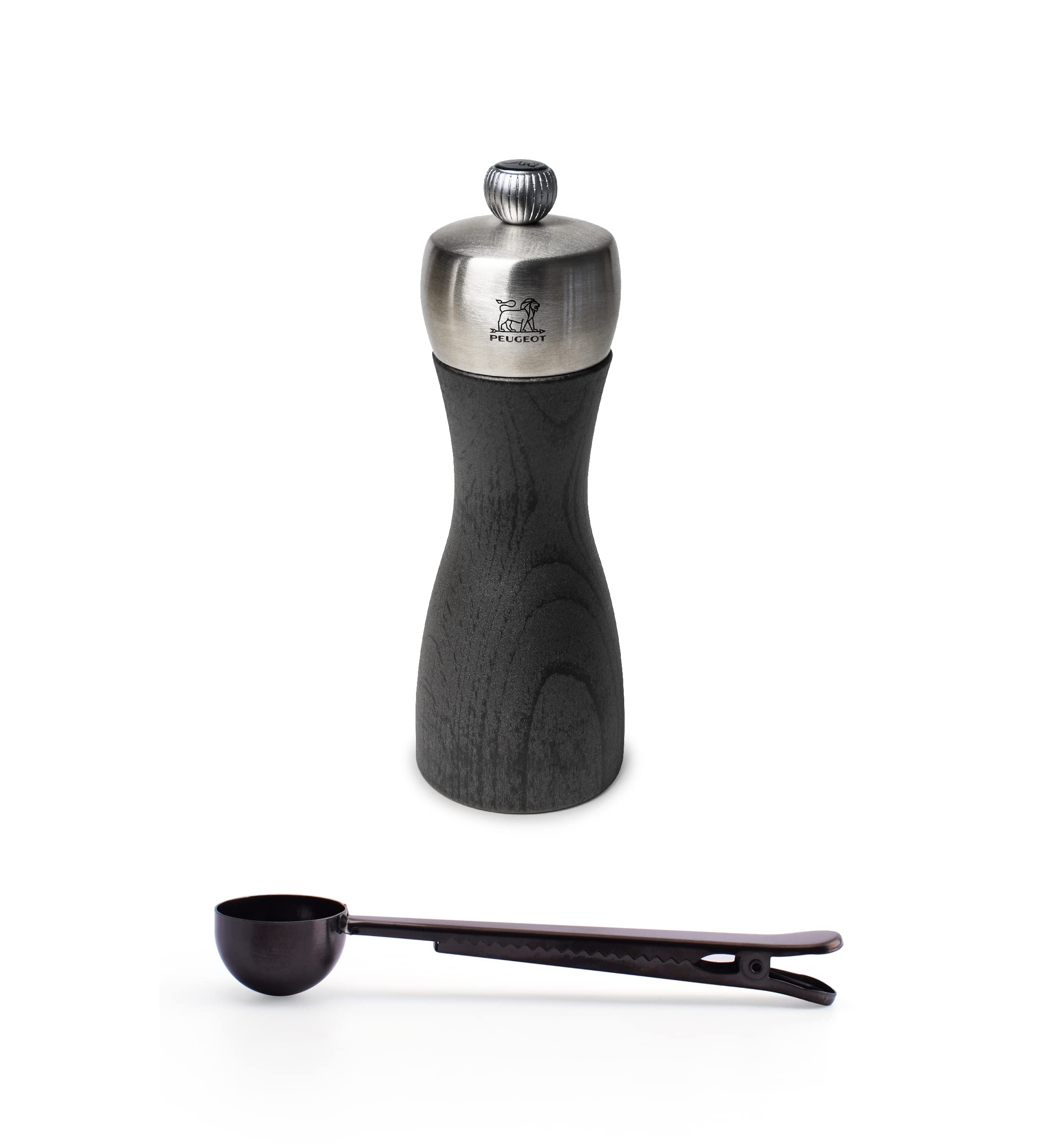 Peugeot - Fidji Manual Pepper Mill, Gift Set - Adjustable Grinder - Beechwood and Stainless Steel, Graphite Finish, 6 Inch - With Stainless Steel Spice Scoop & Clip