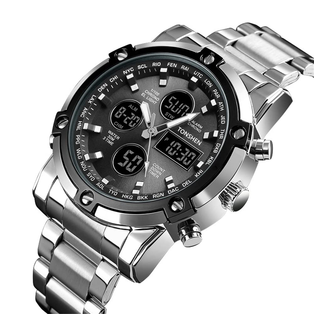 TONSHEN Acier Inoxydable Digitale Montre Homme Multifonctionnelnel Outdoor Sport Analogique Quartz LED Trois Double Montres Bracelet Décontracté Style Chronomètre Alarme