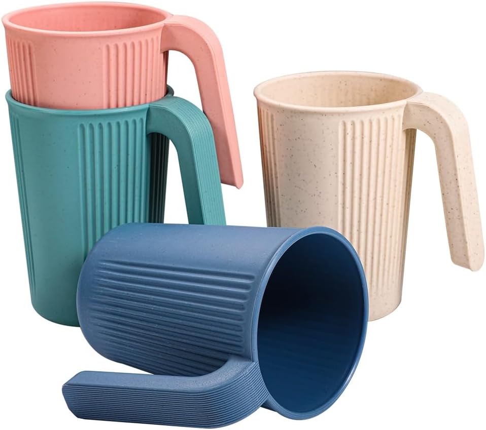 – Reusable Plastic Cup, Unbreakable Wheat Drinking Cup, Coffee Mugs with Handles, Eco Friendly Healthy Multi Color Set of 4, Great for Kids Children and Adults, Dishwasher and Microwave Safe