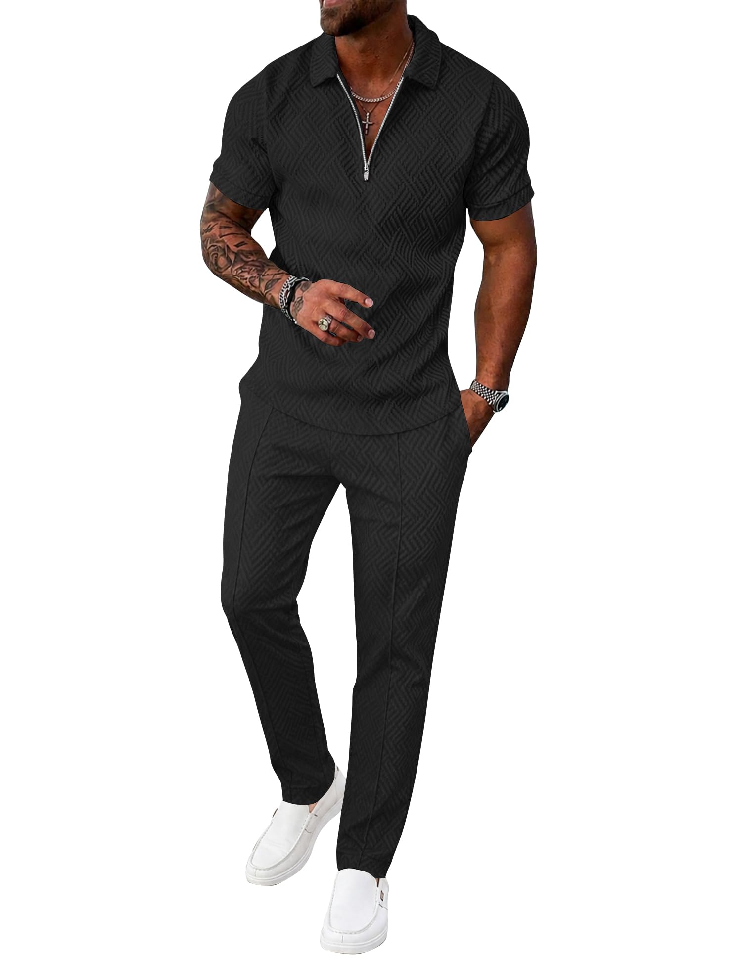 UOUA Mens 2 Piece Outfits 1/4 Zip Polo Casual Pants Summer Set Tracksuit