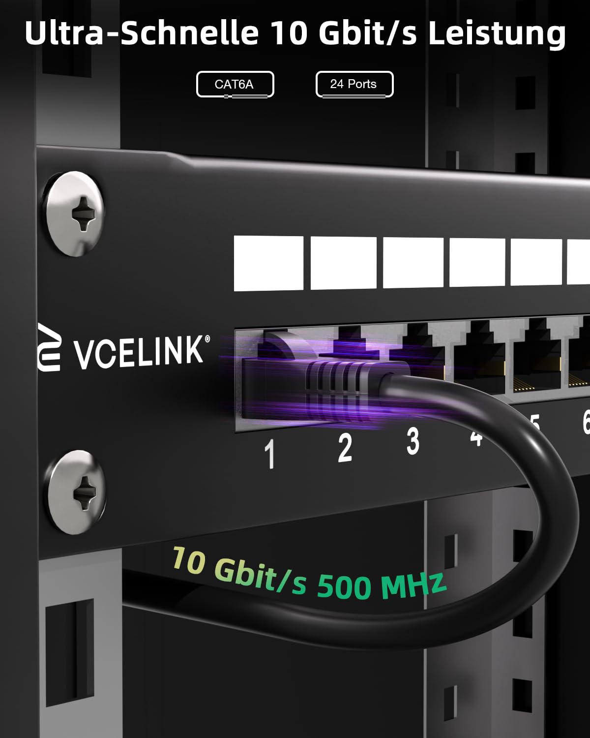 VCELINK CAT6A Patchpanel 24 Port, Geschirmt 19 Zoll Patchfeld 10 Gbit/s mit RJ45-Buchsen, Rackeinbau Kabelführung Verteilerfeld für Büros, Home-Office, kleine Serverräume