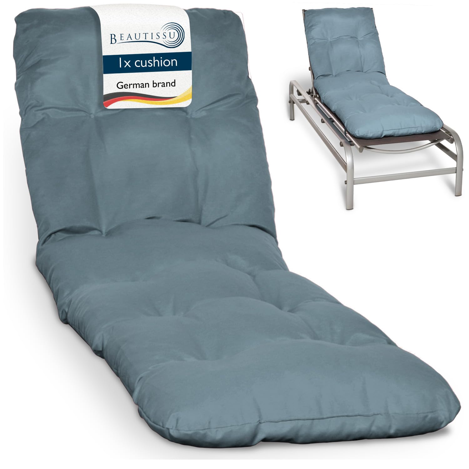 Beautissu Dove Blue Padded Sun Lounger Cushion 190X60x8 Cm – Sunbed Pad As Relaxer Garden Recliner Cushions Steamer Chair – Flair Rl