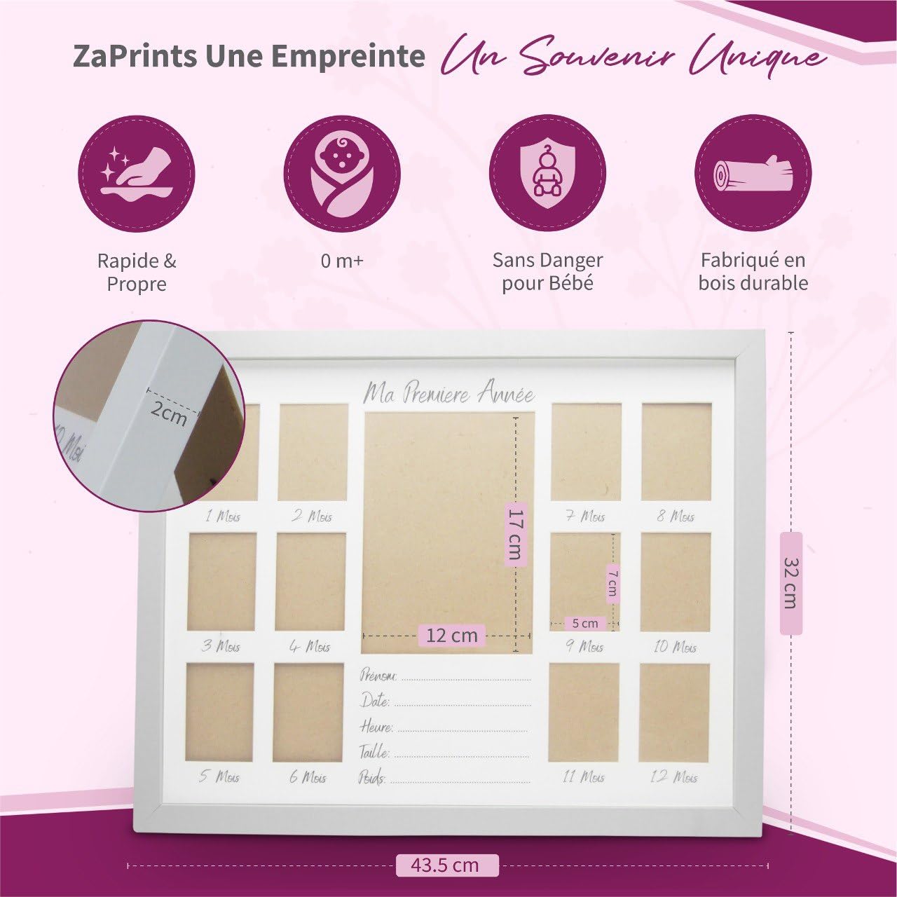 Cadre Photo Souvenir de la Première Année Bébé - 12 photos Pêle Mêle - Kit Empreinte Bébé - Cadeau Naissance Personnalisé - Décoration Cadre Chambre Bebe - Coffret Cadeau- En Français