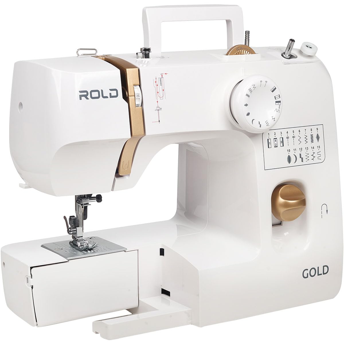 ROLD Gold kompakte elektromechanische Nähmaschine für Einsteiger mit 15 Programmen, starkem Motor und LED-Beleuchtung