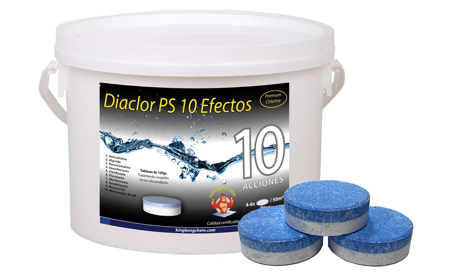 Cloro Total para Piscinas DIACLOR PS 10 Efectos 3 KG - 30 Pastillas de Cloro Multiacción (100 gr) - Tratamiento Completo Profesional 10 Acciones -