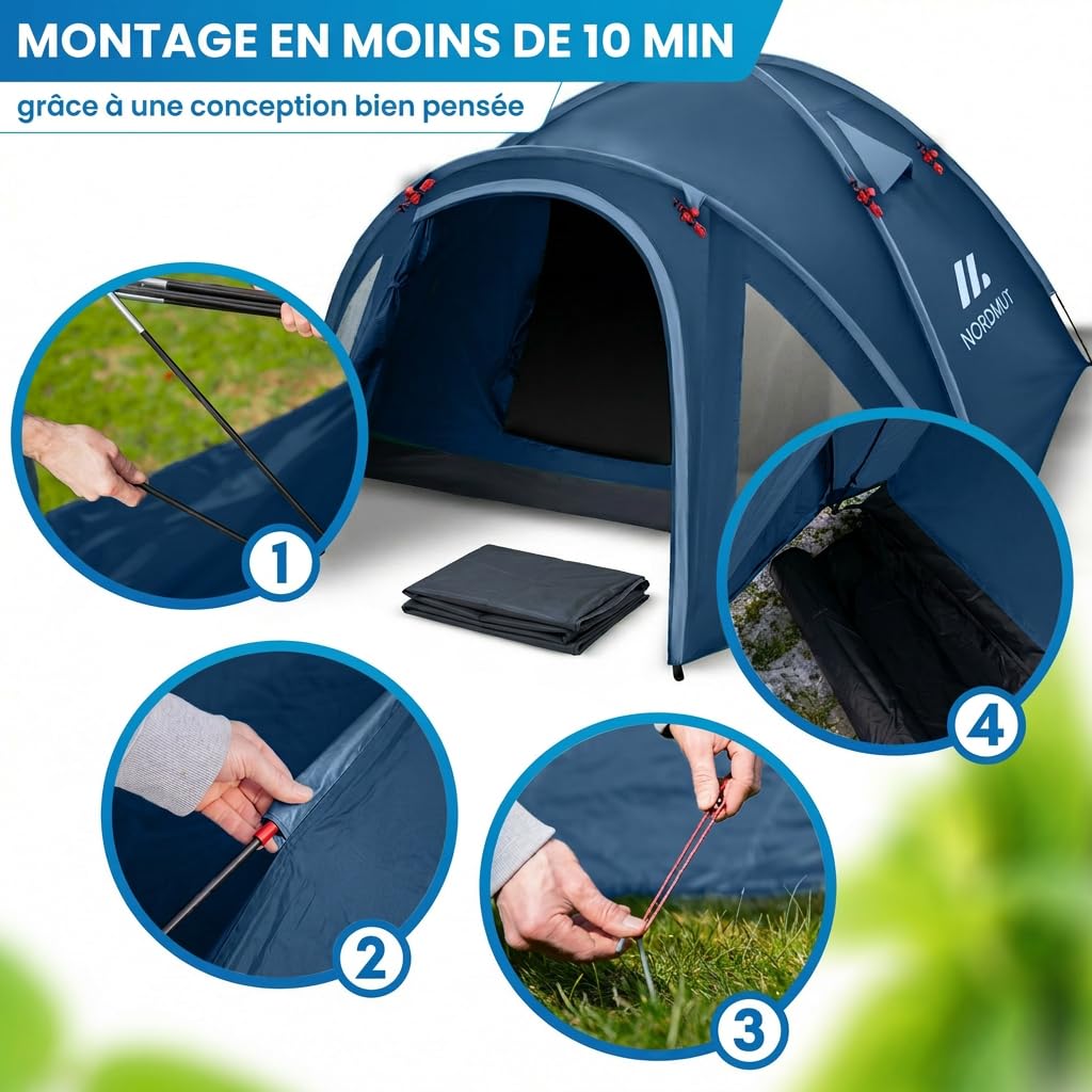 NORDMUT® Tente de Camping 4 Personnes Étanche & Légère – Tente Dôme avec Avant-Toit Fermable – Tente 2-4 Personnes avec Excellente Circulation d’Air & Petit Volume de Transport