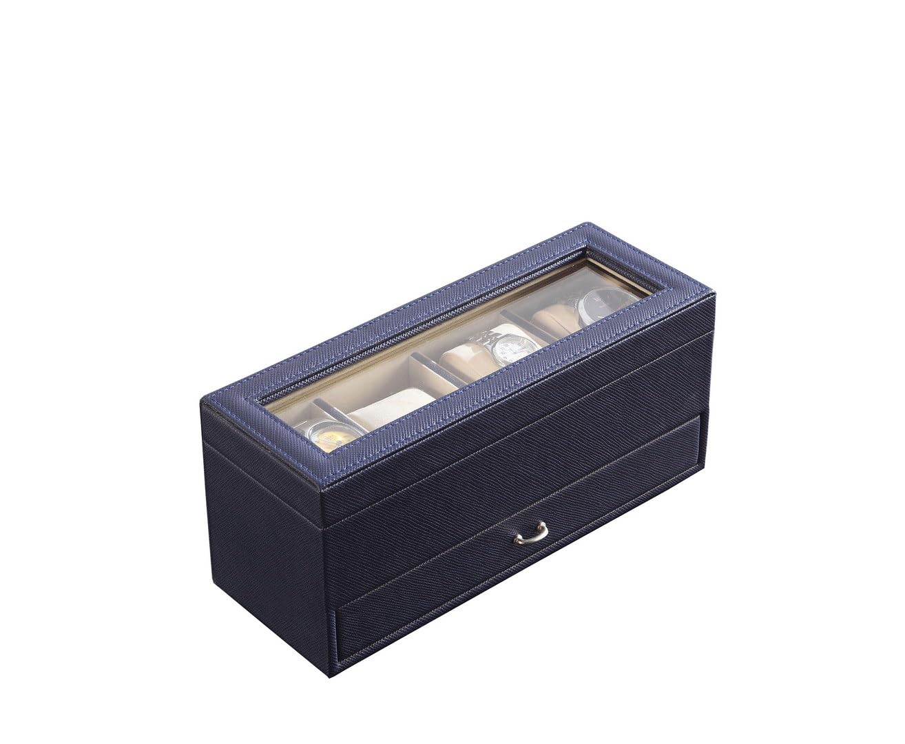 9.3" Long Tempered Glass and Leather Jewelry/Watch Display with Drawers, Blue
