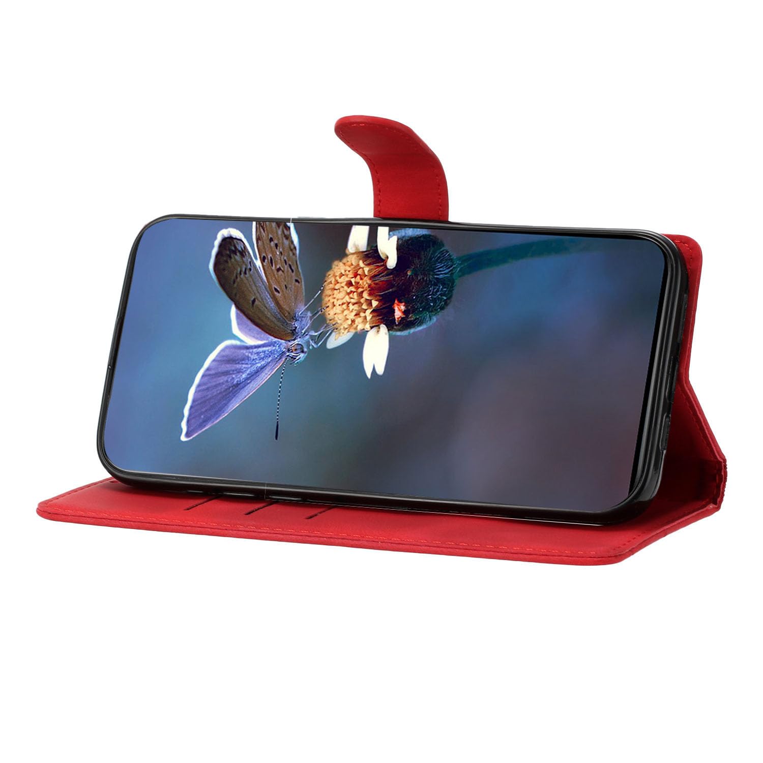 Custodia IPhone 16 IMEIKONST Con Portafoglio A Libro, Cover Magnetica In Pelle Con Fessure Per Schede E Supporto, Modello Butterfly Floreale Rosso