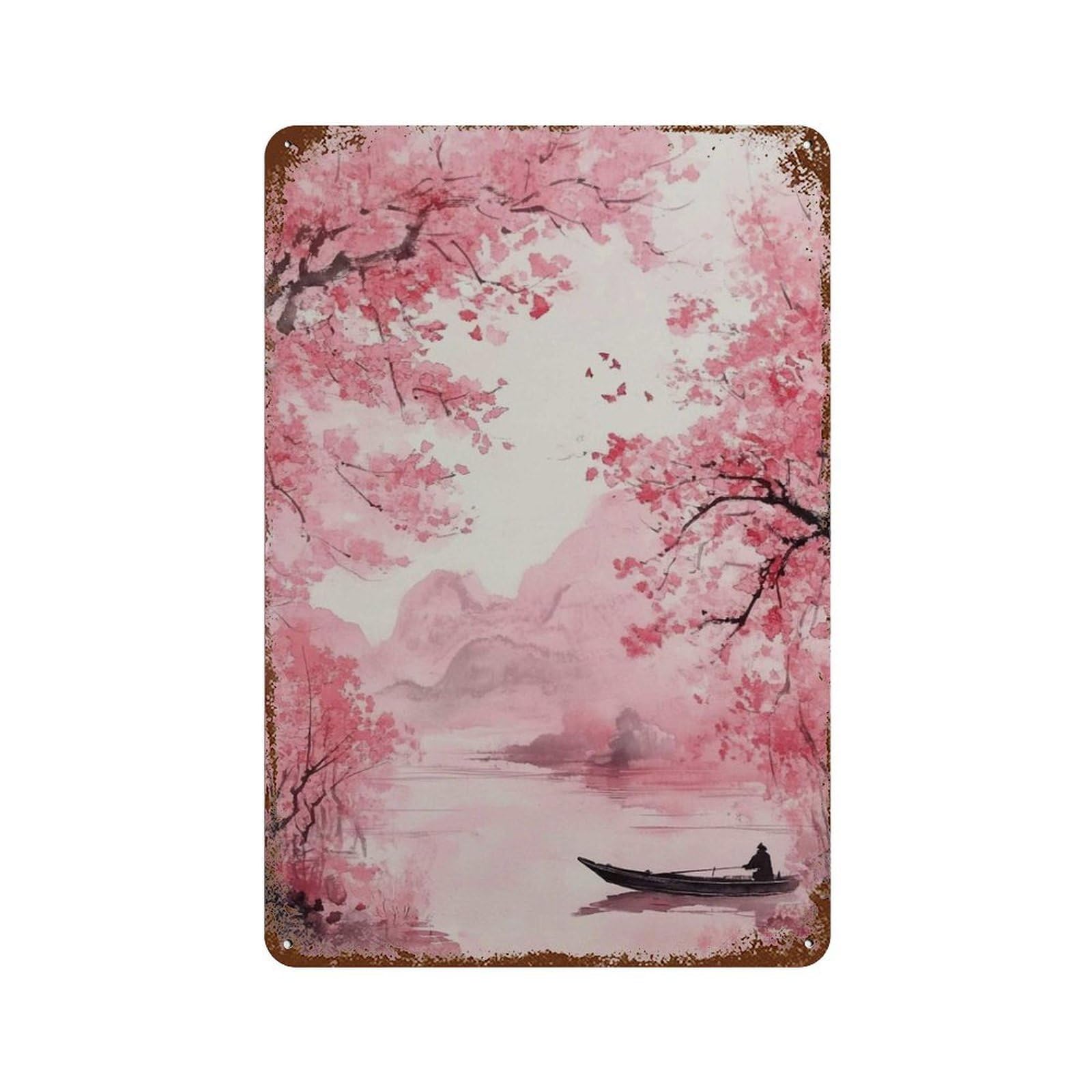 xiaoxiaoshen Cherry Blossom Lake Japanese Boat Landscape Pink Tranquil Nature Wall Decor Art Metal Tin Poster Modern Home Decor Art Home Bar Shop Decorations Vintage Sign 30x20cm