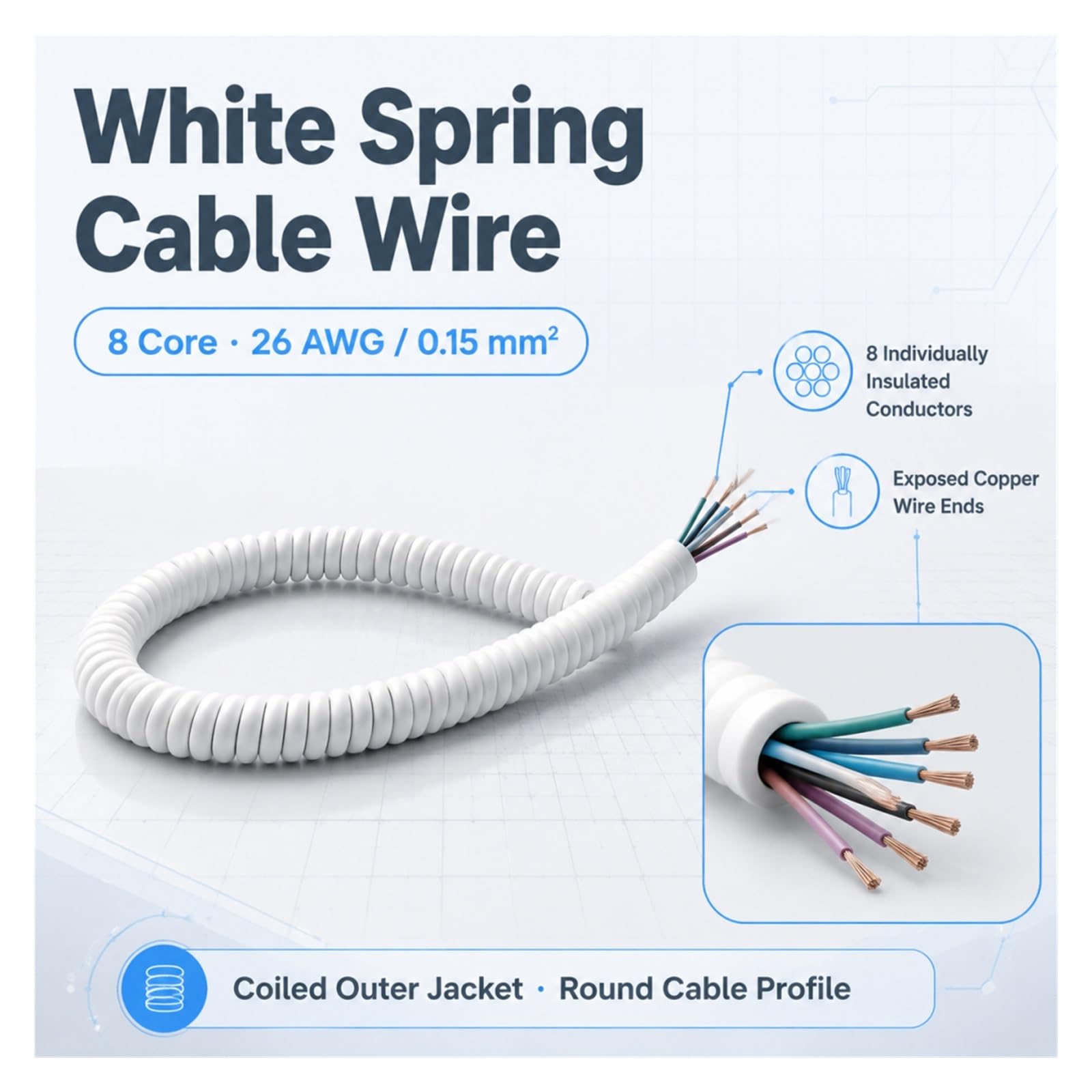 Cavo elettrico a spirale estensibile con cavo a molla a spirale a 8 nuclei | Cavo a molla bianco Filo 8 nuclei 26 AWG 0,15 mm² Stretch 1-10 metri Cavo telescopico a spirale(Stretch 6 meter)
