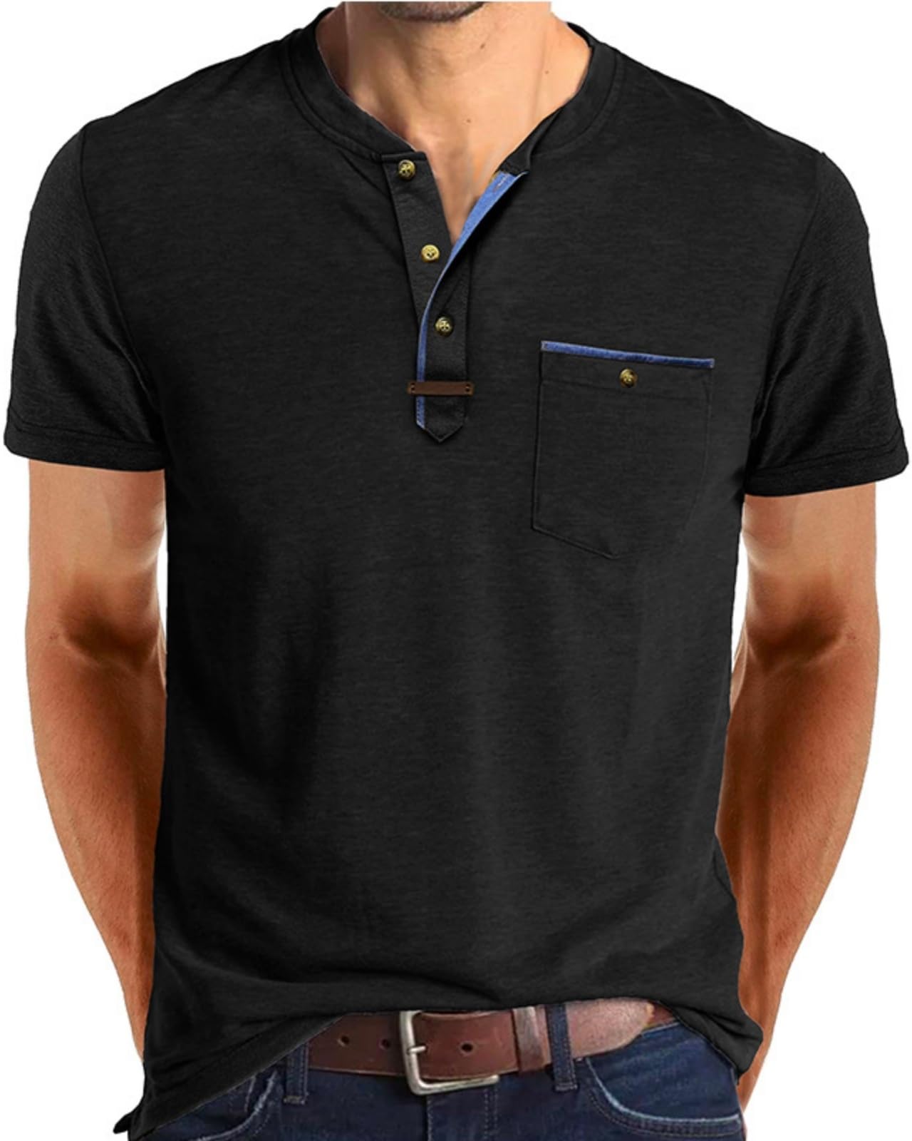 LAOARA Herren T Shirt Henley Sommer Kurzarm Knopfleiste V Ausschnitt Shirt Beiläufig mit Tasche