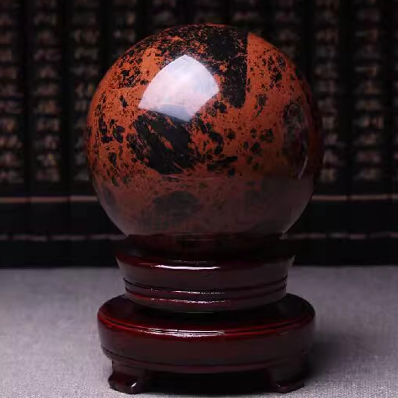 Rote Schwarze Obsidian heilende Quarz-Kugel Natürliche Edelstein Skulptur Figur mit Stand für Reiki, Home Decor, Kristalle und heilende Steine,80mm