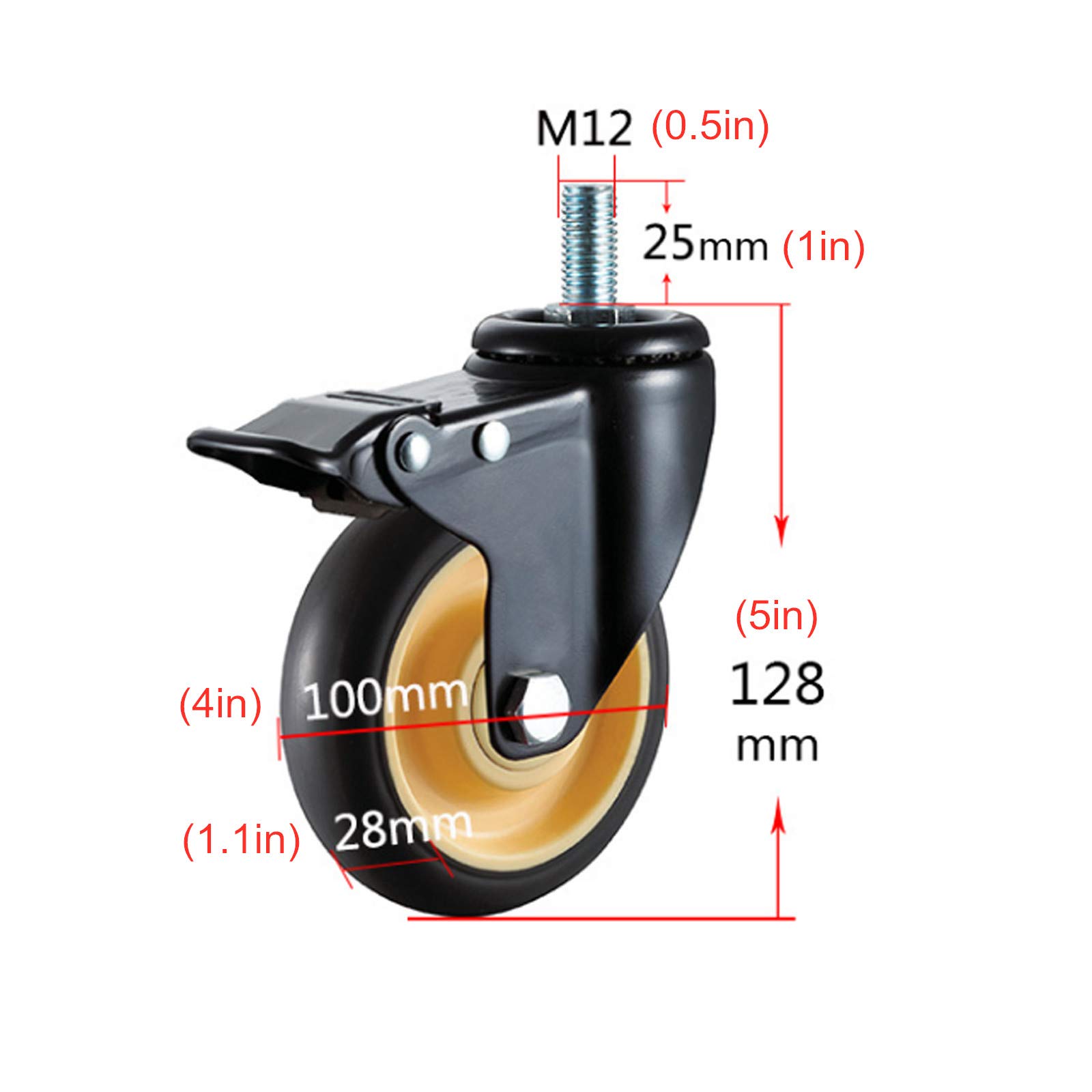 LUNEZY Roues pivotantes en TPR Robustes pour Chariots d'établi, roulettes de Rechange industrielles, Tige filetée M12 x 25 mm, Lot de 4 (Universal 100 mm/4in)