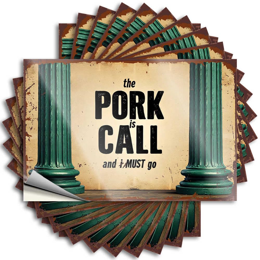 Saying Small Room Decor Peel and Stick - Rustic Green Columns Frame 'the Pork is Call' Sign Bumper Affirmation Waterproof Vinyl for Checkered(8X12CM)