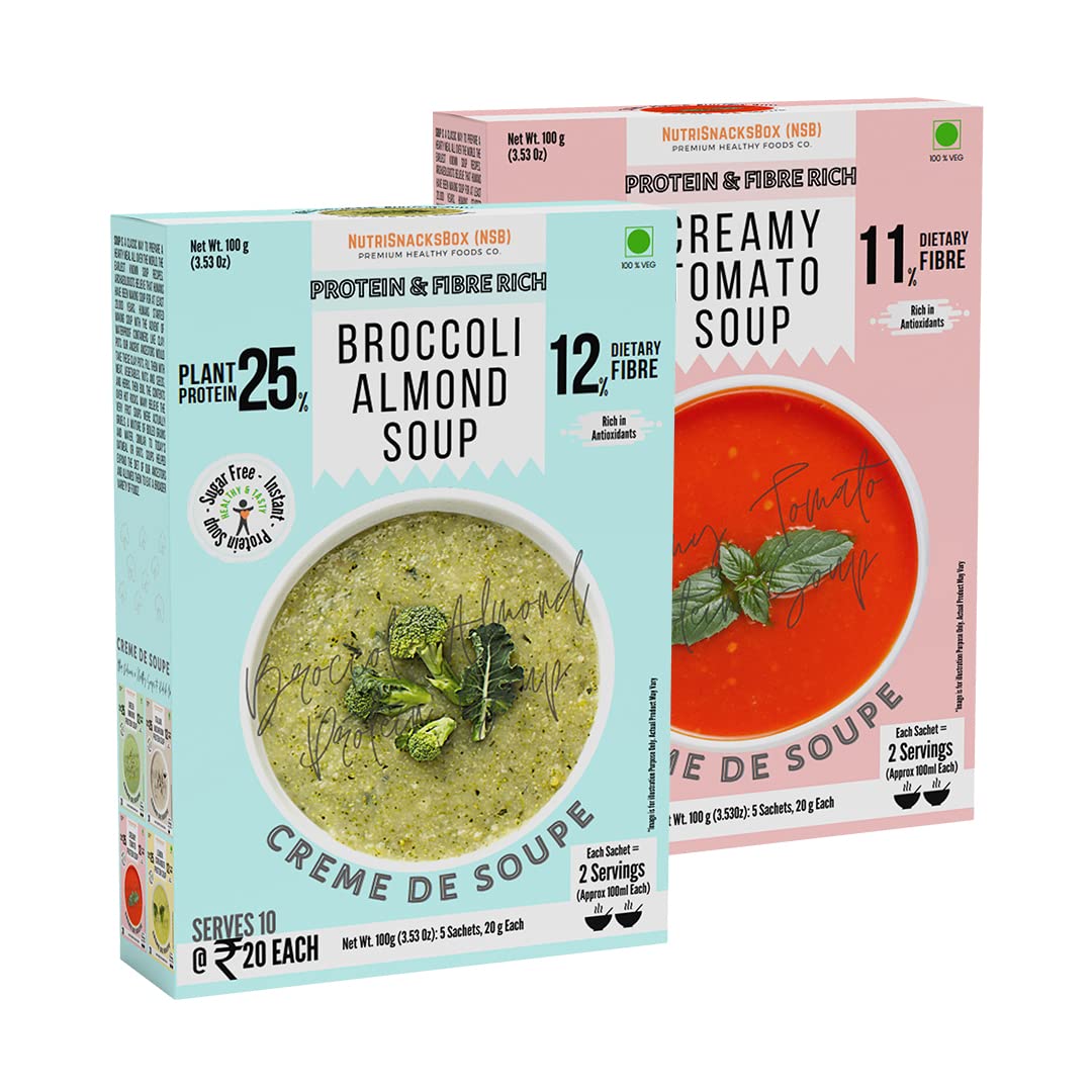 NutriSnacksBox Healthy Soup Combo Pack, 200g (Pack of 2 x 100g) | (10 Soup Sachets x 20g) | Broccoli Almond Soup | Hot & Creamy Tomato Soup | Healthy Soup with Protein and Fibers