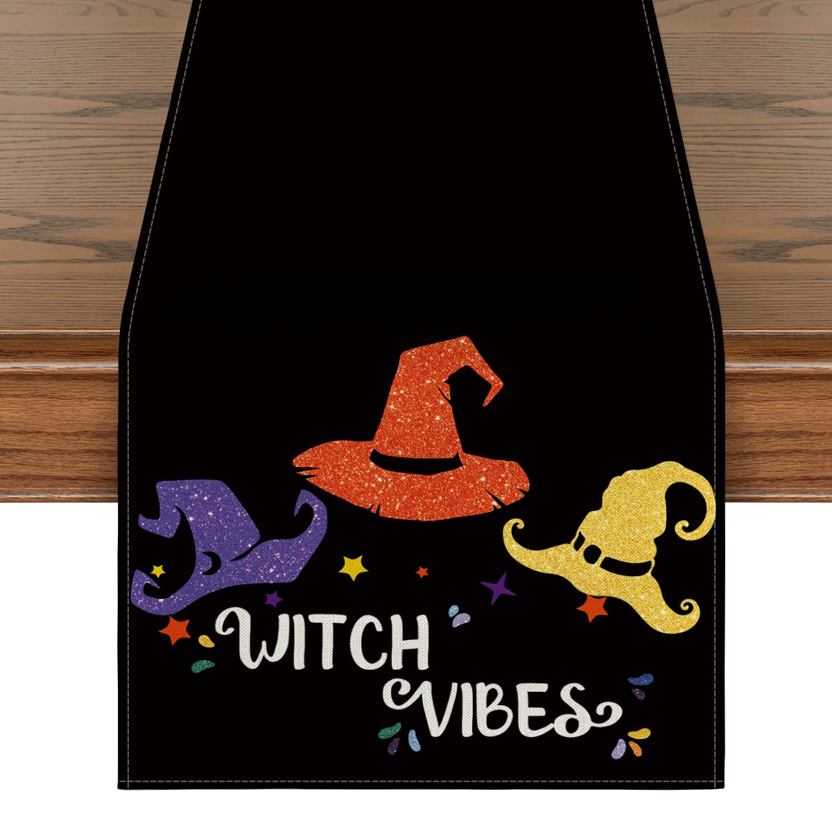 Artoid Mode Hocus Pocus Black Table Runner, Seasonal Halloween Sanderson Sisters Holiday Kitchen Dining Table Runners for Indoor Outdoor Home Party Decor 13 x 108 Inch
