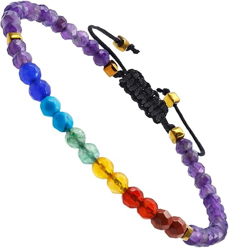 TUMBEELLUWA Pulseras de cuentas de piedra facetada 7 chakras de 0.157 in, pulsera de cristal curativo ajustable hecha a mano para mujer