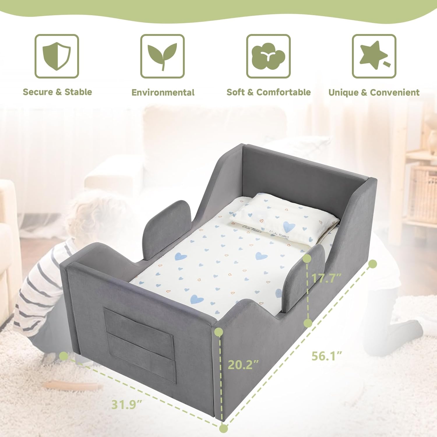 Toddler Floor Bed with Removable Safety Rails and Storage Bag, Kids Bed for Girl and Boys, Standard Crib Size, Safety Upholstered Child Beds, Low to Floor Design