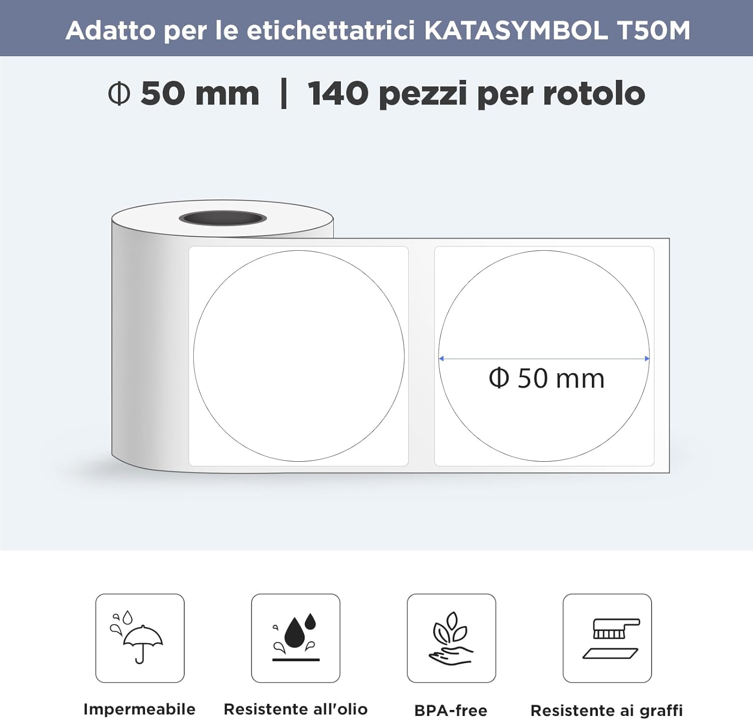 SUPVAN T50M Serie Nastro Etichettatrice, Tondo Φ 50 mm, 8 Rotoli, Bianco | 140 Etichette/Rotolo, Laminato Anti-olio, Impermeabile, Adesivo Forte, Rilevamento Auto, per Imprese, Casa, Scuola