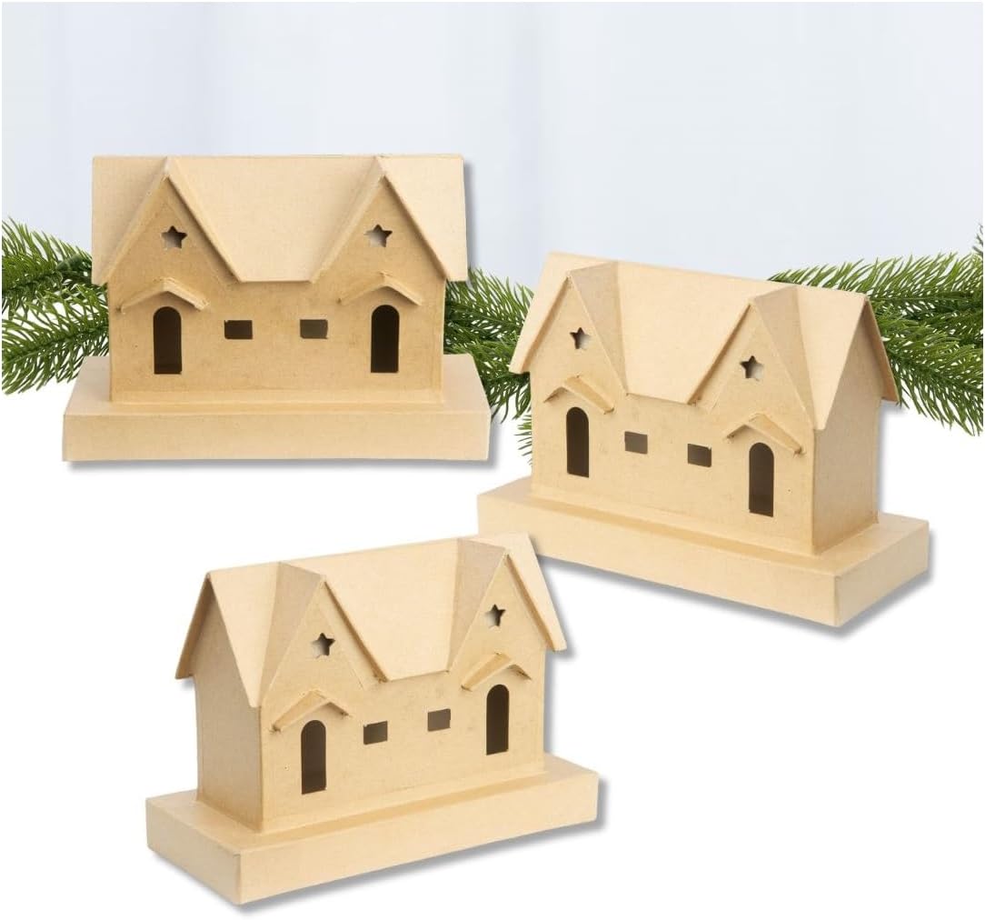 Factory Direct Craft Pack of 3 Paper Mache Christmas Village Houses - Cardboard Papier Mache DIY Craft and Primitive Village Displays (9 Inches Wide x 6 Inches High)