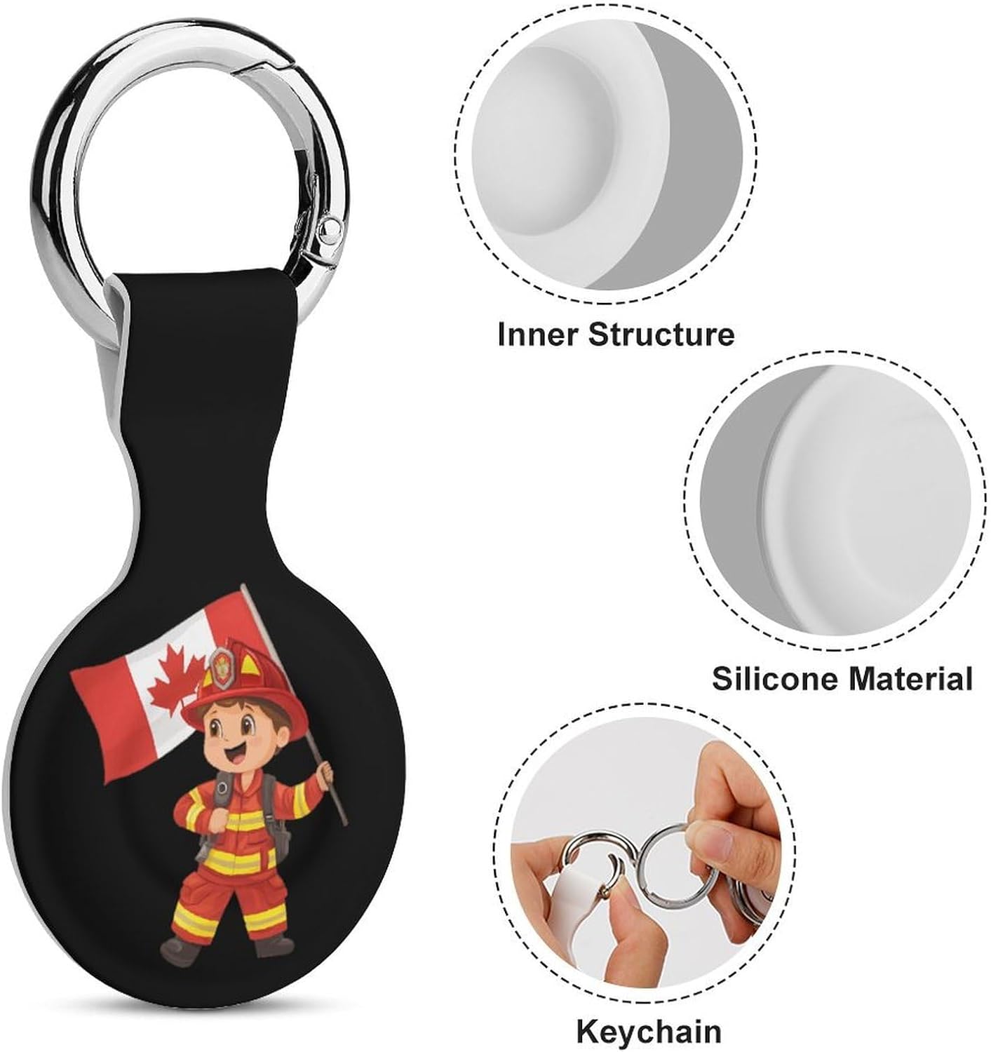 Cartoon Fireman Firefighter Canada Flag Funny Cover Compatible with AirTag Case Protector GPS Tracker Holder with Keychain