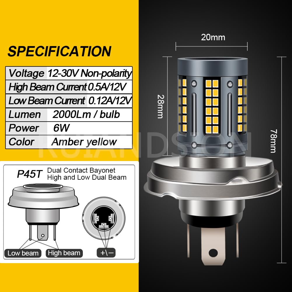 Ruiandsion Bulbe pour Motocyclette LED P45T R2 12V-30V 12V 24V Sans Polarité Super Lumineux 2016 84 Puces SMD Pilote Intégré Bulbe LED Jaune Ambré pour Voiture/Motocyclette Pack de 2
