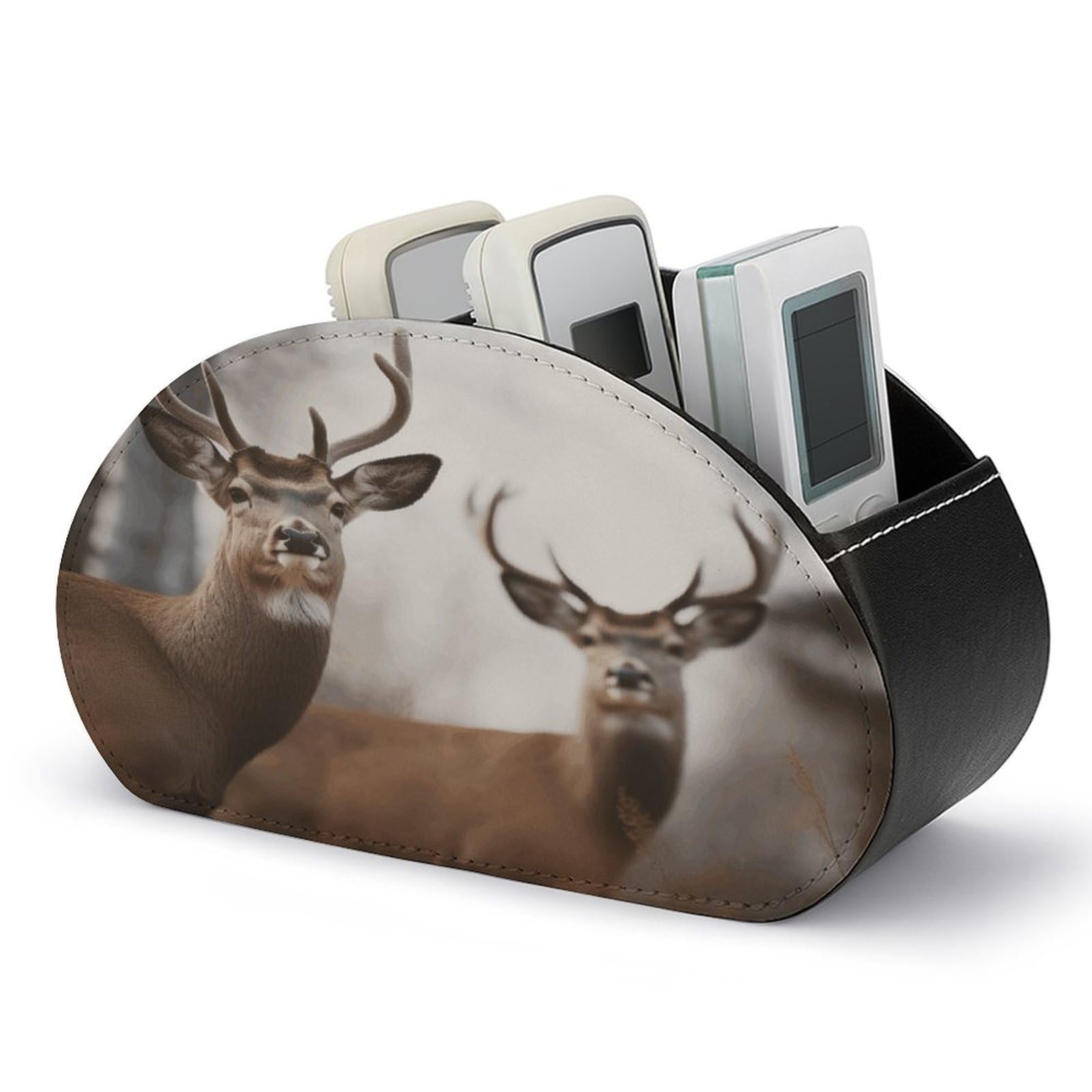 FekiLoot Deer Remote Control Holder with 5 Compartments Multi-functional TV Remote Caddy Organizer Leather TV Remote Holder Desktop Organizer Store for Bedside Table Office Desk