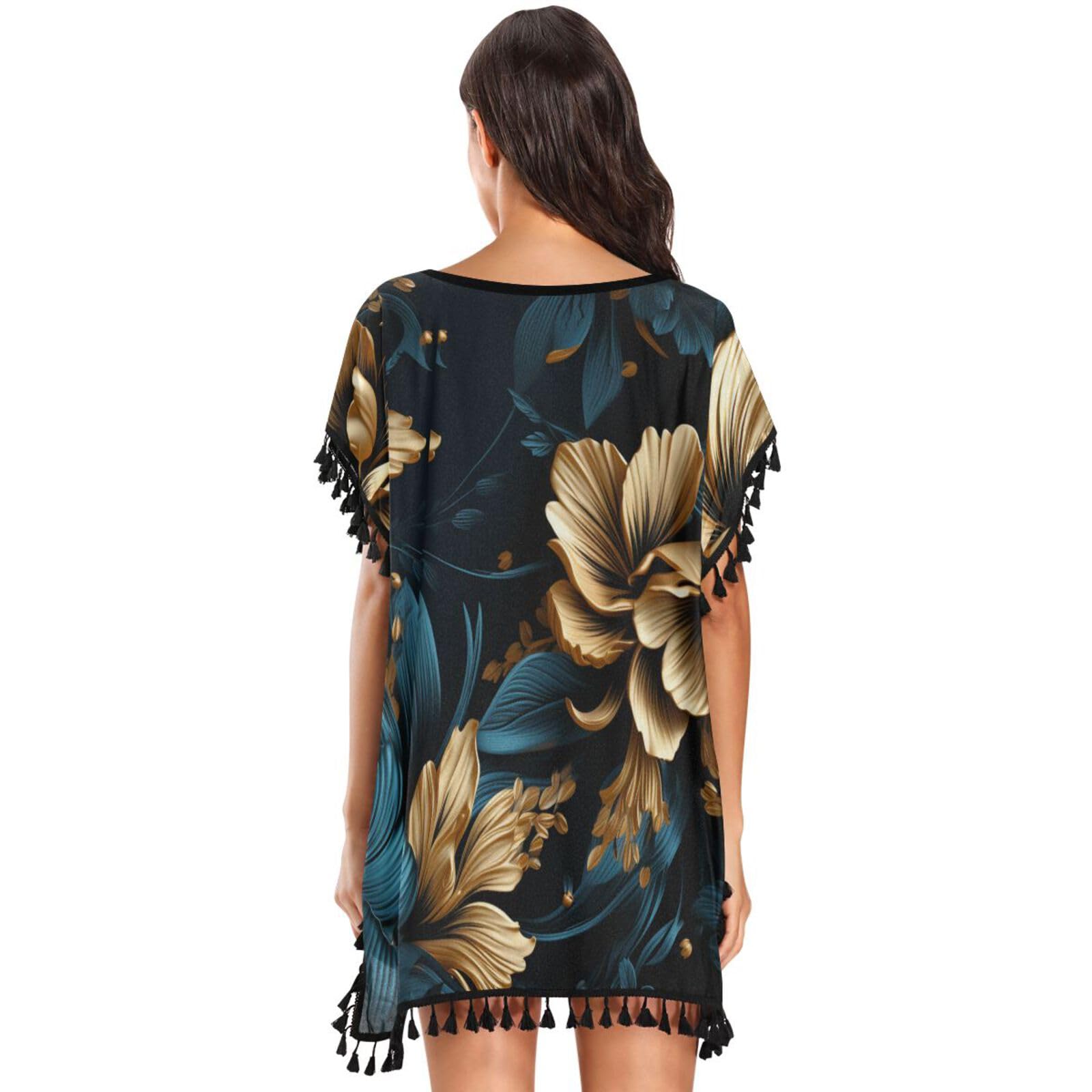 KAAVIYO Dark Blue Golden Flower Women's Beach Cover Up Chiffon Tassel Swimwear Swimsuit Coverups for Girl