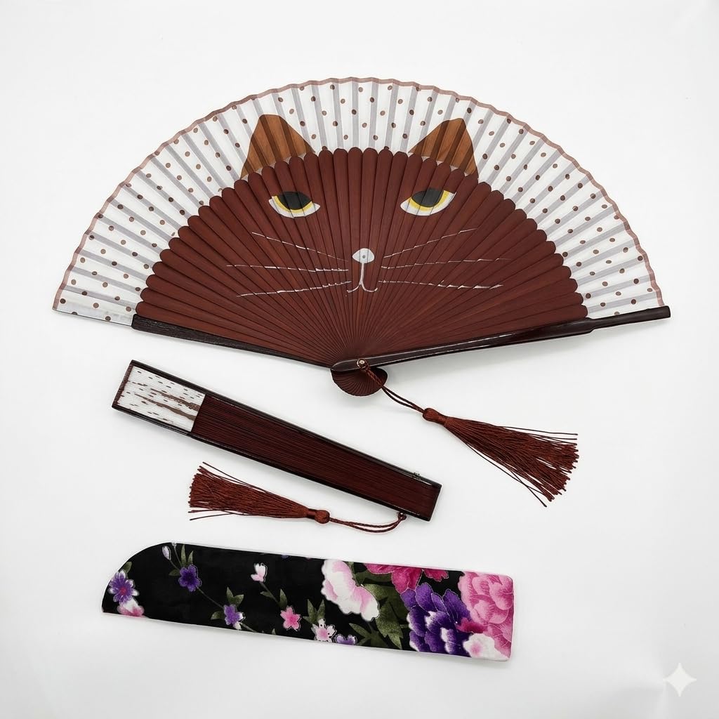 Cute Coffee Cat Face Folding Handheld fans for Women with Fabric Sleeve & Tassel, Handcrafted Decorative Bamboo Accessory, Japanese Style Portable Cooling Tool for Girls & Gifts, Opened 8.27x15