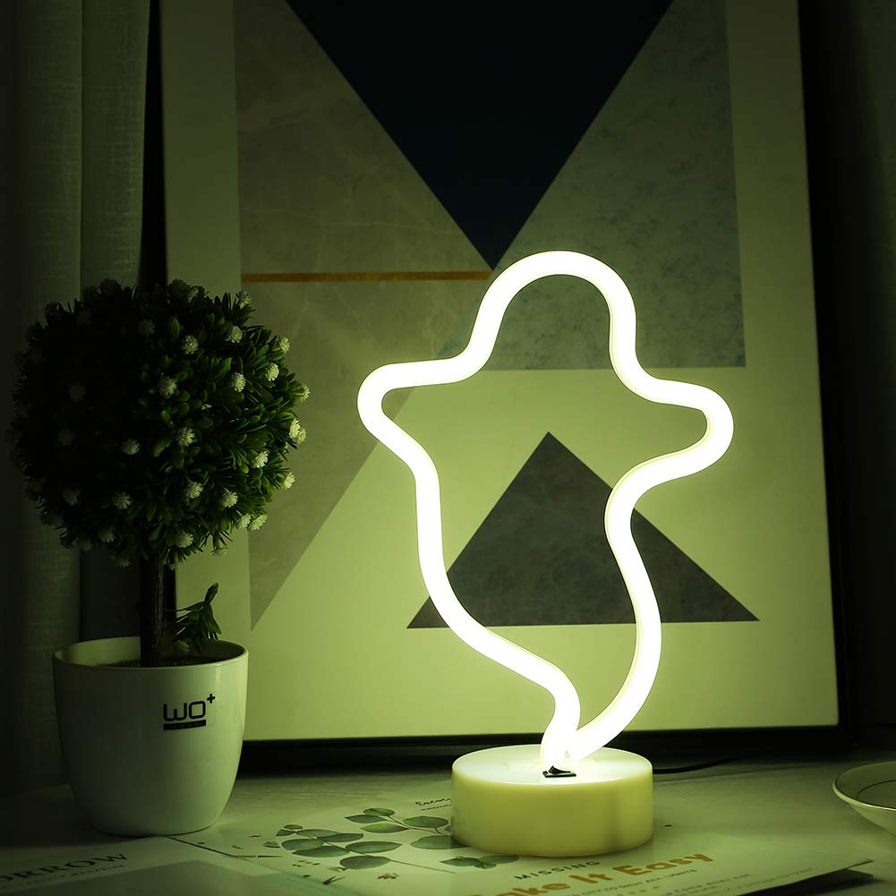 LUCUNSTAR Halloween Ghost Neon Signs LED Neon Night Light with Base Holder Table Decor for Kids Room Halloween Party Decorations(White Ghost)