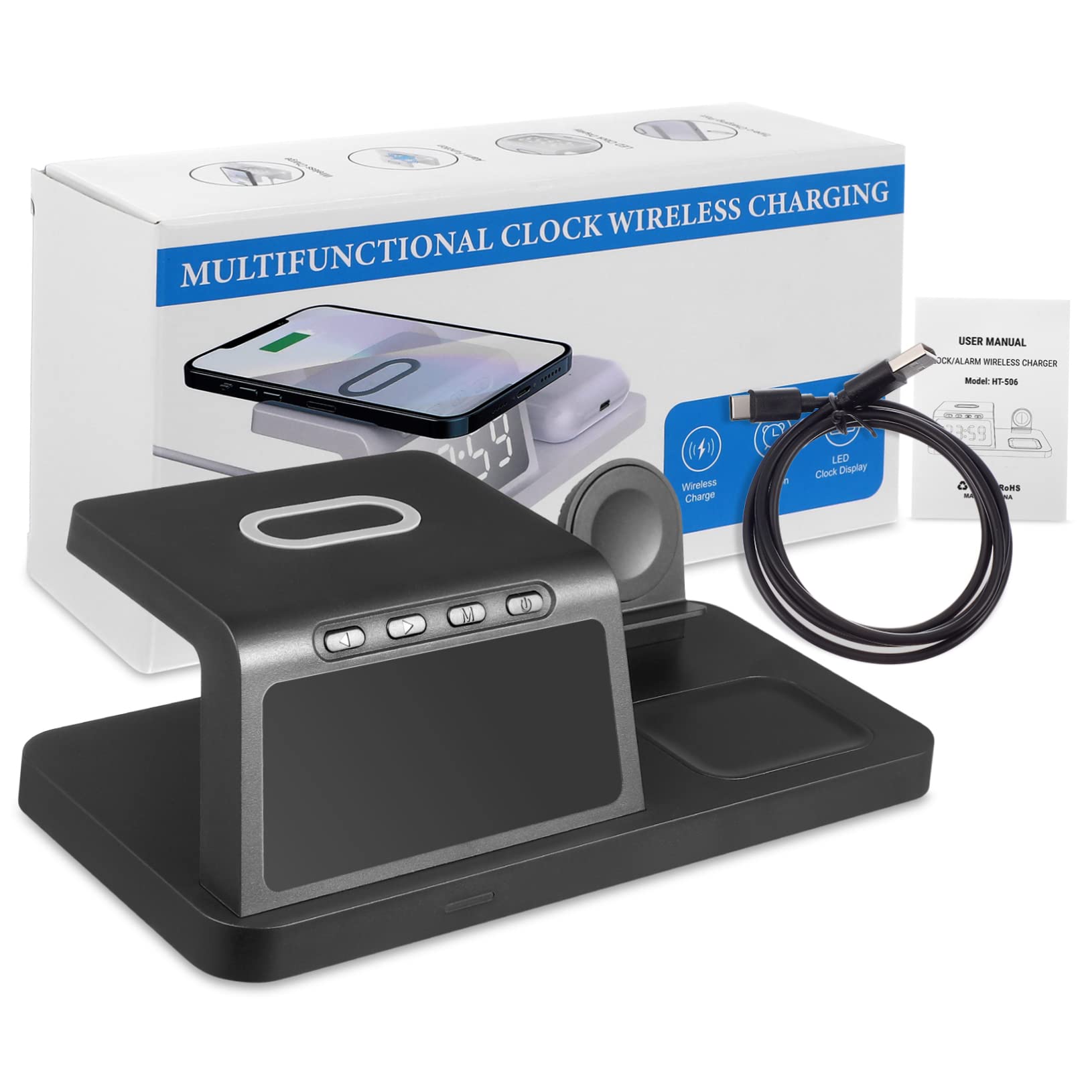 NUOBESTY Station de Charge sans Fil Support Charge Rapide pour Montre Connectée et Téléphones avec Horloge Numérique Intégrée