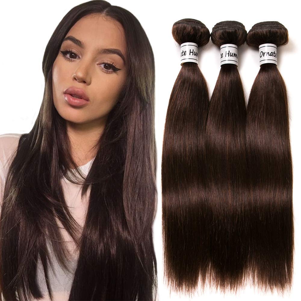 Dark Brown Bundles Brazilian Straight Human Virgin Bundles Brown Bundles 3 Bundles 100% Unprocessed Human Weave Bundles 9A Remy Extensions Sew In (10 10 10 Inch, 2# Straight Bundle)